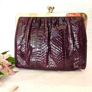 Vintage Shirl Miller Oxblood Snakeskin Kiss Lock Clutch
